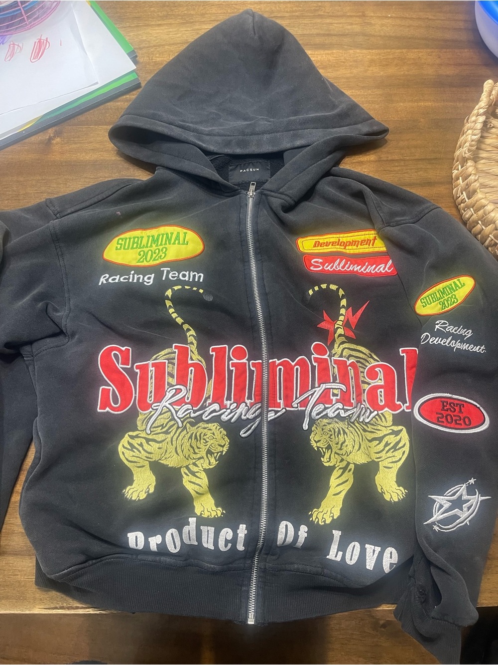 PacSun Black Hoodie with Red and Yellow Racing Graphics